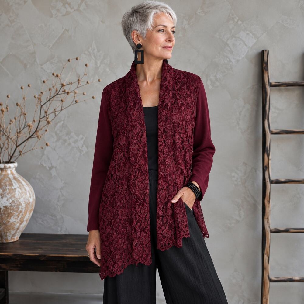 Chico's Maroon Faux Suede and Lace Blazer Kimono Topper  2